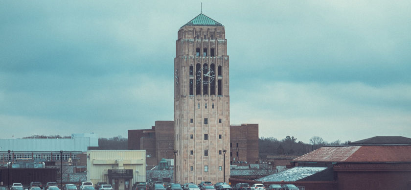 A view of Burton Tower on a cloudy day