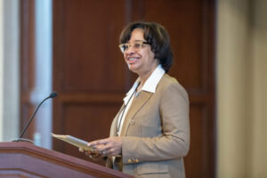 Angela Dillard, U-M’s inaugural vice provost of undergraduate education, addresses attendees at the Provost’s Seminar on Teaching. (Photo by Scott Soderberg, Michigan Photography)