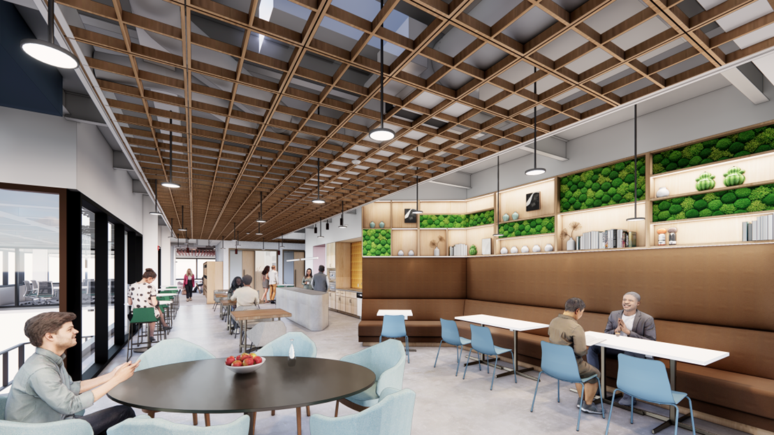 Rendering of proposed kitchen and lounge space.